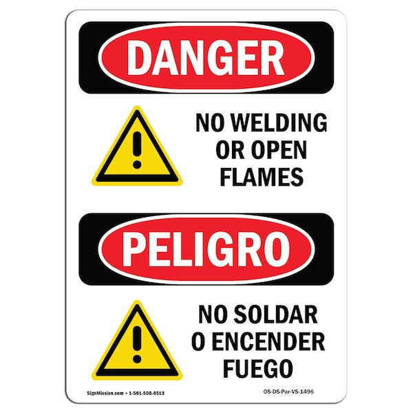 OSHA Sign, No Welding Or Open Flames Bilingual, 5in X 3.5in Decal, 10PK, 3.5" W, 5" L, Spanish, PK10